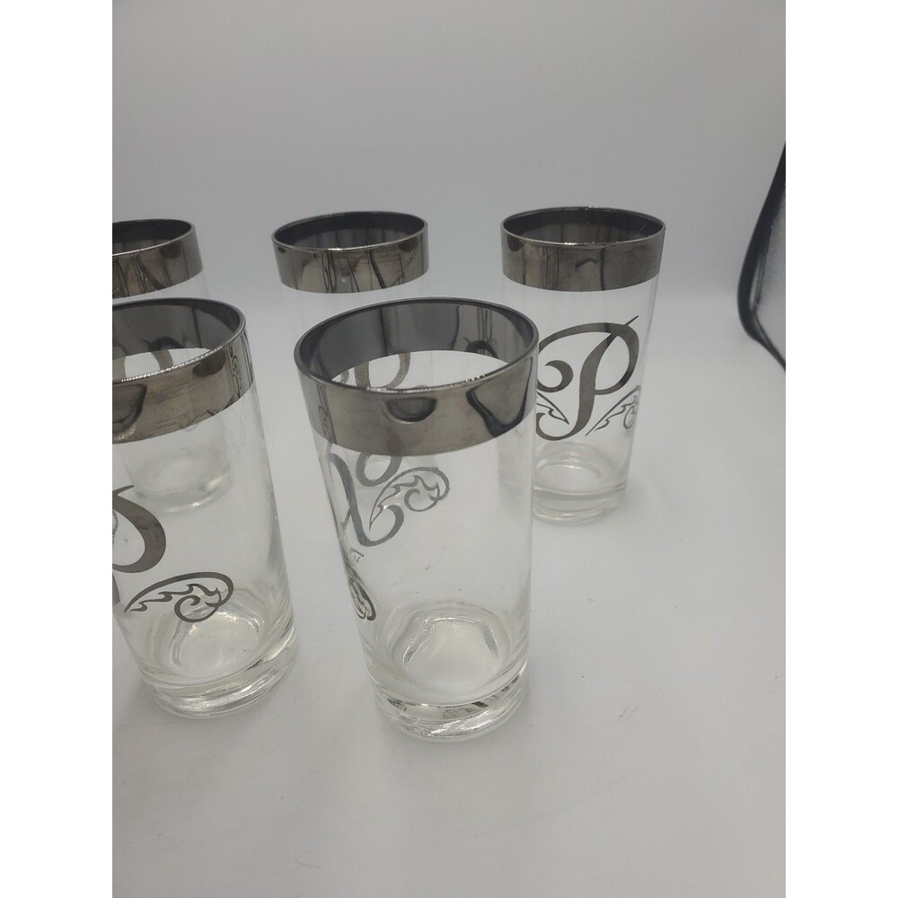 5 Highball Glass Monogram Platinum" style, silver rim and an "P" initial - Picture 3 of 7